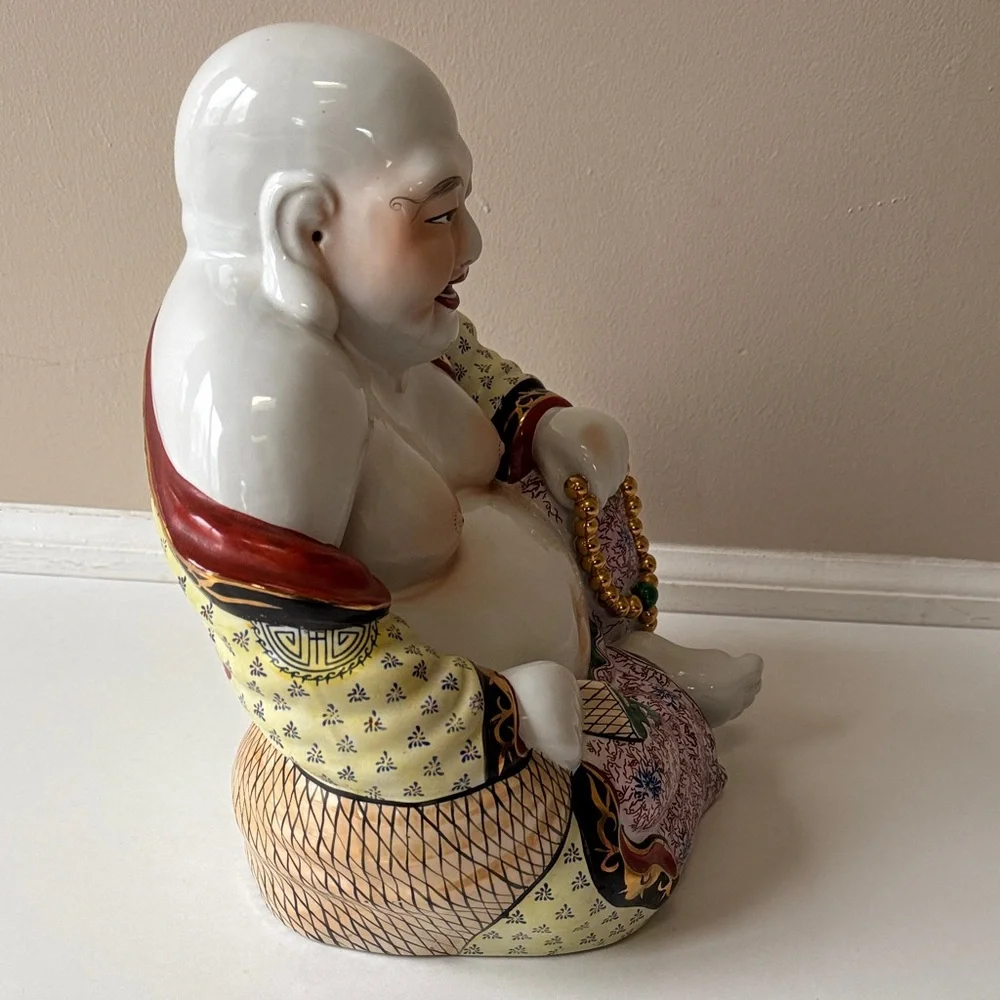 Vintage Hand-Painted Porcelain Laughing Buddha Statue in White and Multicolor - Picture 4 of 14